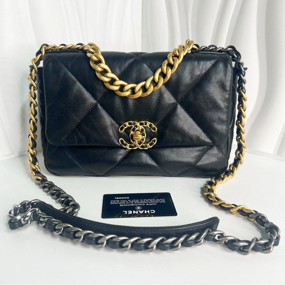 Chanel 19 Chain Shoulder Bag Glasses Case Gold X Silver Metal Fittings
